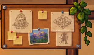 Mural de cortiça com esboços de um castelo e de um mapa de blocos